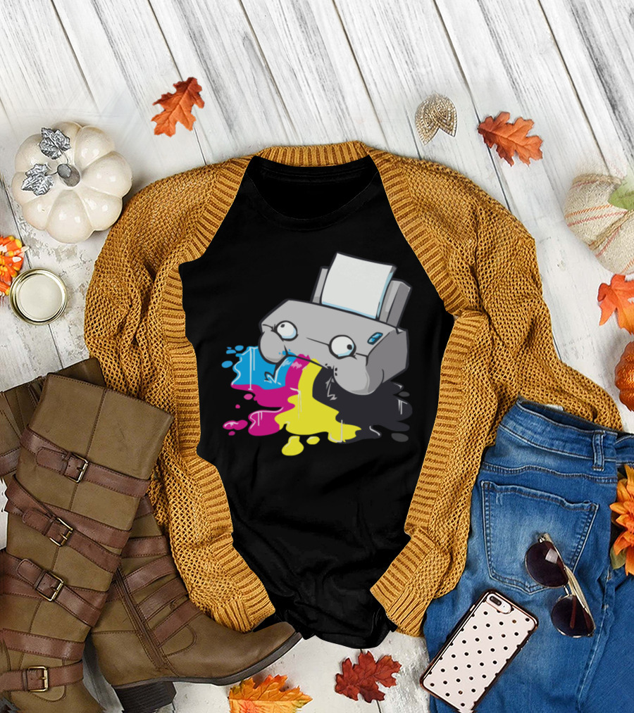 Quirky Cartoon Printer Spilling CMYK Ink T-Shirt