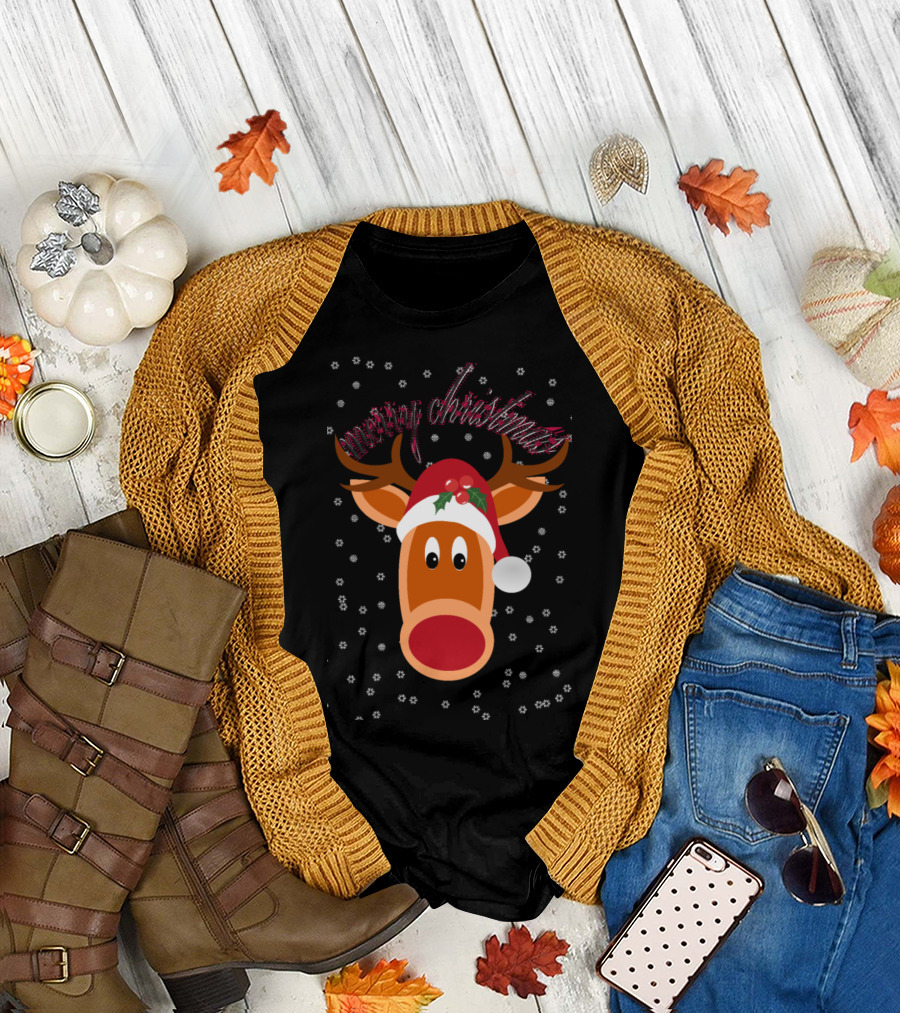 Merry Christmas Reindeer with Santa Hat and Snowflakes T-Shirt