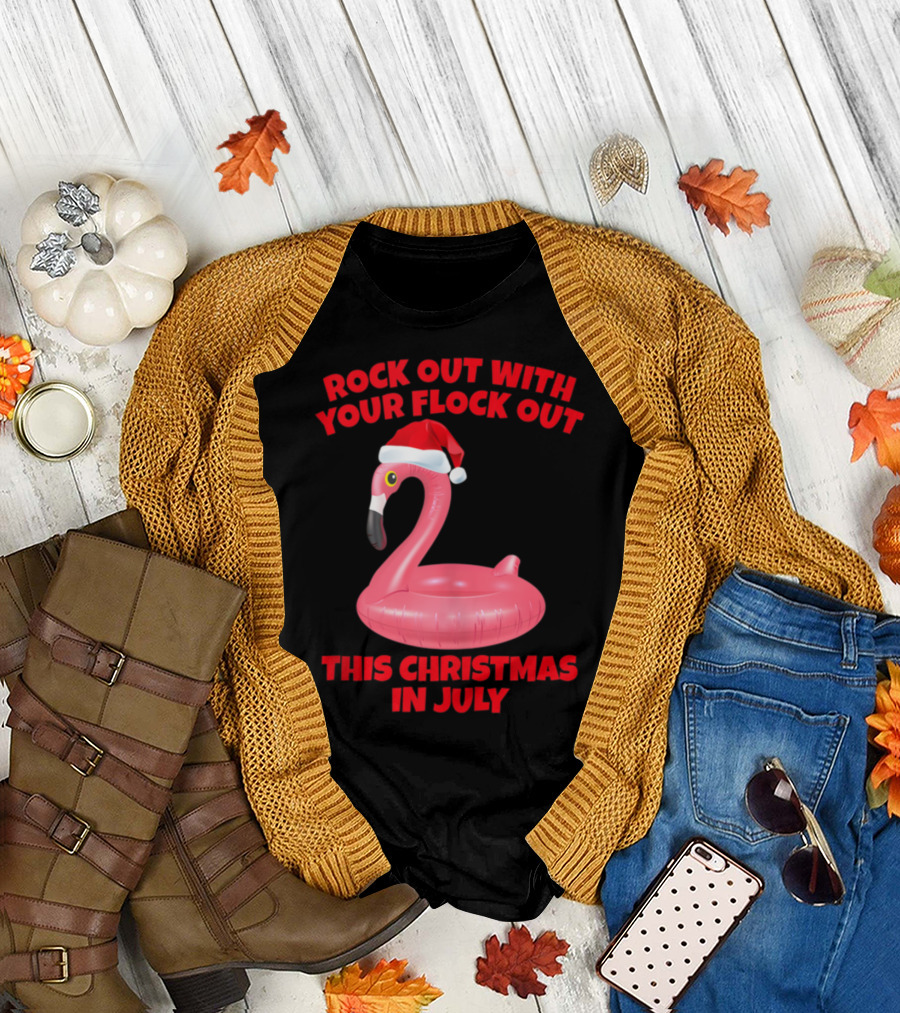 Rock Out With Your Flock Out This Christmas in July Flamingo Santa Hat T-Shirt