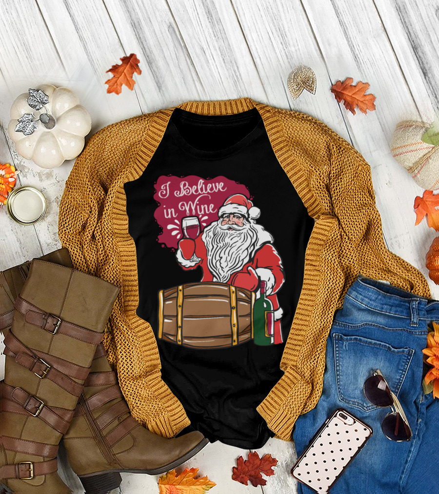 Santa Christmas I Believe In Wine With Barrel and Glass T-Shirt