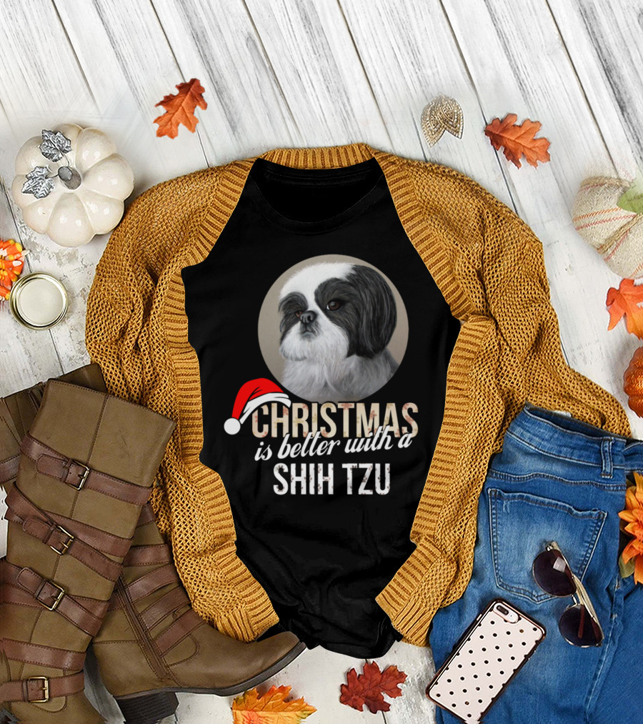 Christmas Is Better With A Shih Tzu Wearing Santa Hat T-Shirt