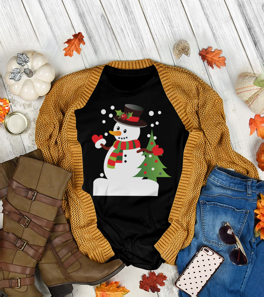 Snowman with Hat Scarf and Mittens by Christmas Tree T-Shirt