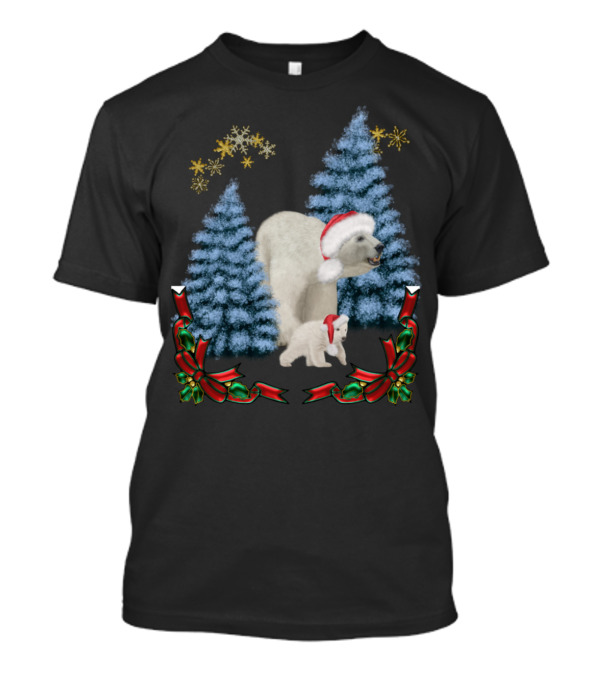 Christmas Polar Bear Mum And Baby In Santa Hats With Snowy Trees And Festive Ribbons T-Shirt