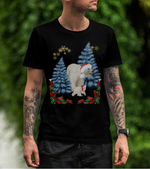 Christmas Polar Bear Mum And Baby In Santa Hats With Snowy Trees And Festive Ribbons T-Shirt