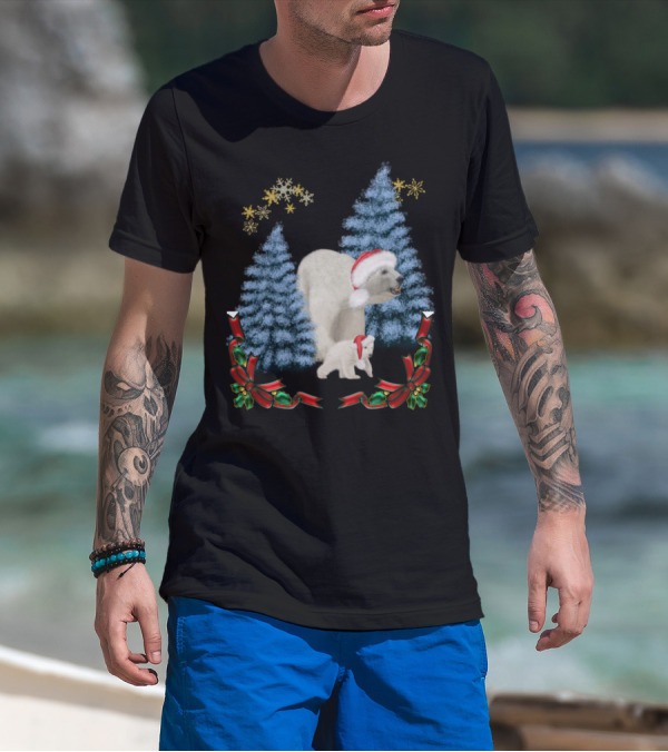 Christmas Polar Bear Mum And Baby In Santa Hats With Snowy Trees And Festive Ribbons T-Shirt