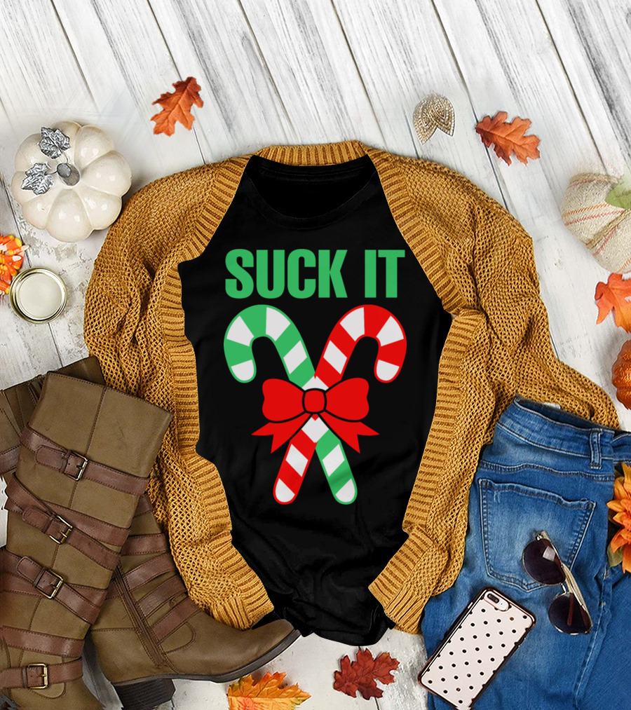 SUCK IT Christmas Ugly Candy Cane Bow T-Shirt