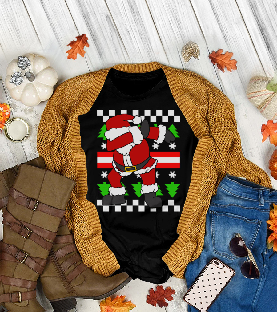 Dabbing Santa Claus Ugly Christmas Sweater Pixel T-Shirt