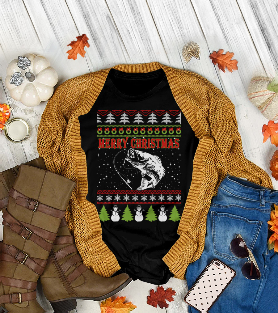 Merry Christmas Ugly Sweater Merry Christmas Snowman Tree Fisherchristmas AwesomeFor Fisher T-Shirt