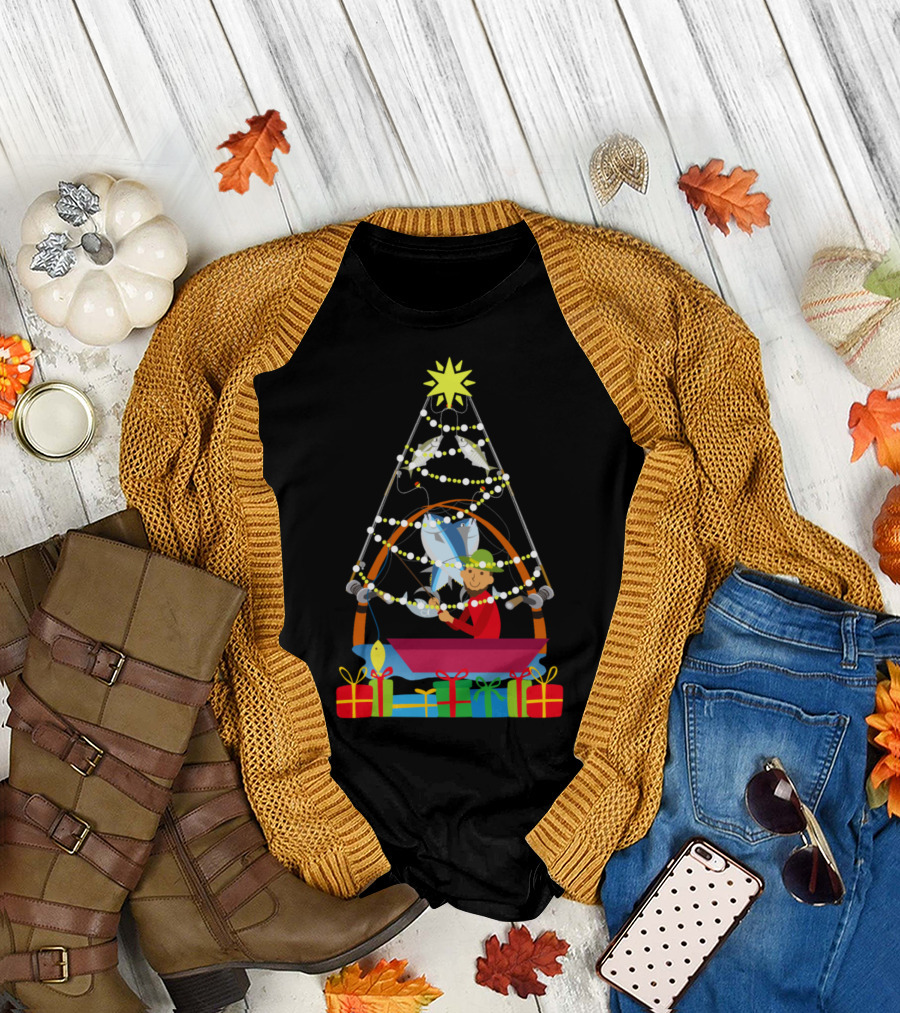 Fishing Fisher Christmas Tree with Gifts and Fish Decorations T-Shirt