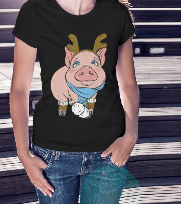 Funny Christmas Pig Reindeer Antlers And Scarf T-Shirt