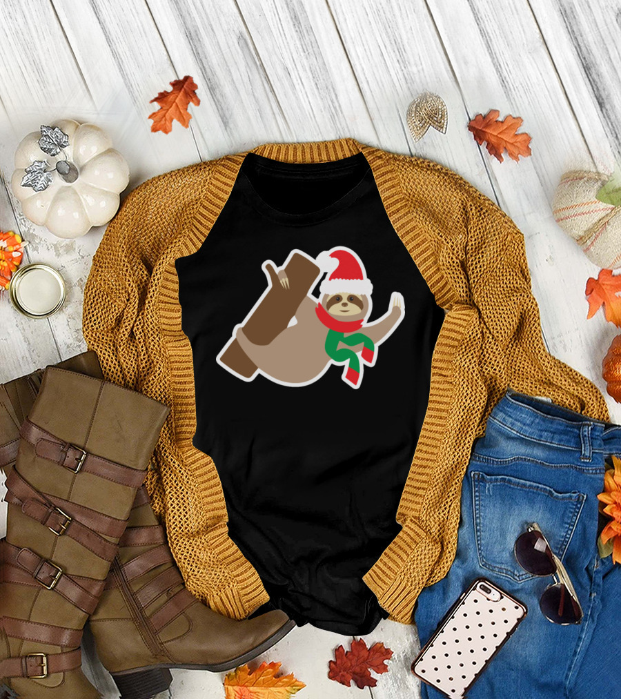 Funny Christmas Sloth Santa Hat Scarf Tree T-Shirt