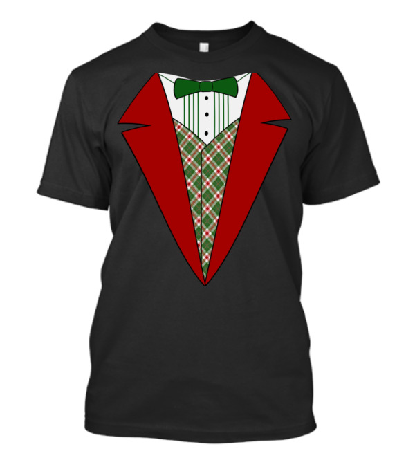 Funny Red And Green Tuxedo Christmas Shirt Plaid Bow Tie T-Shirt