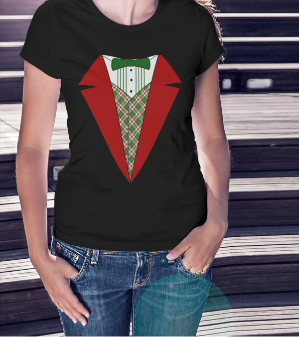 Funny Red And Green Tuxedo Christmas Shirt Plaid Bow Tie T-Shirt