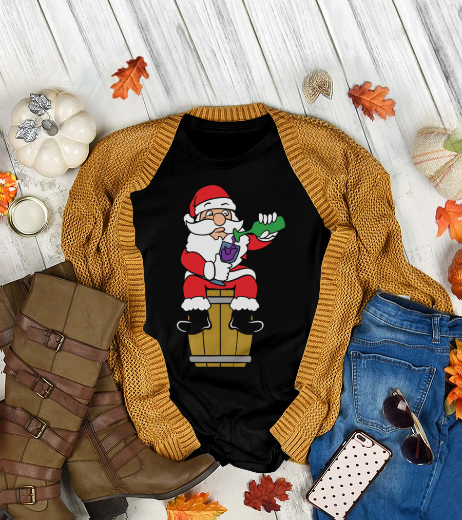 Funny Santa Claus Drinking Wine Merry Christmas Winter Holiday T-Shirt