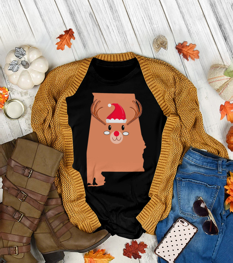 Alabama Map Santa Hat Antlers Red Nose Reindeer Christmas T-Shirt