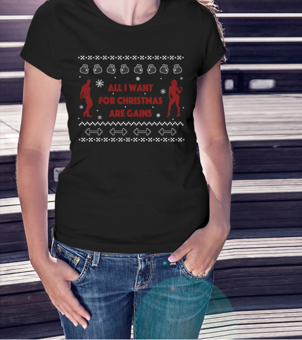 All I Want For Christmas Are Gains Kettlebell Dumbbell Snowflakes T-Shirt