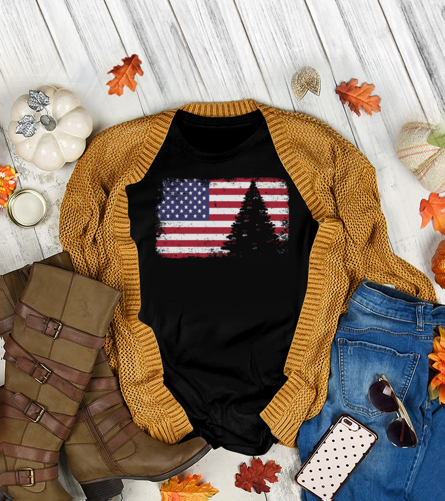 American Flag Distressed Christmas Tree T-Shirt