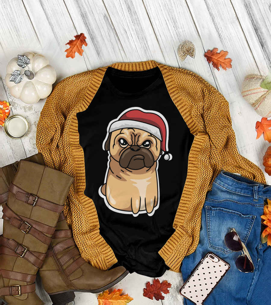 Angry Pug Dog Almost Ready Santa Hat Holiday Mood T-Shirt