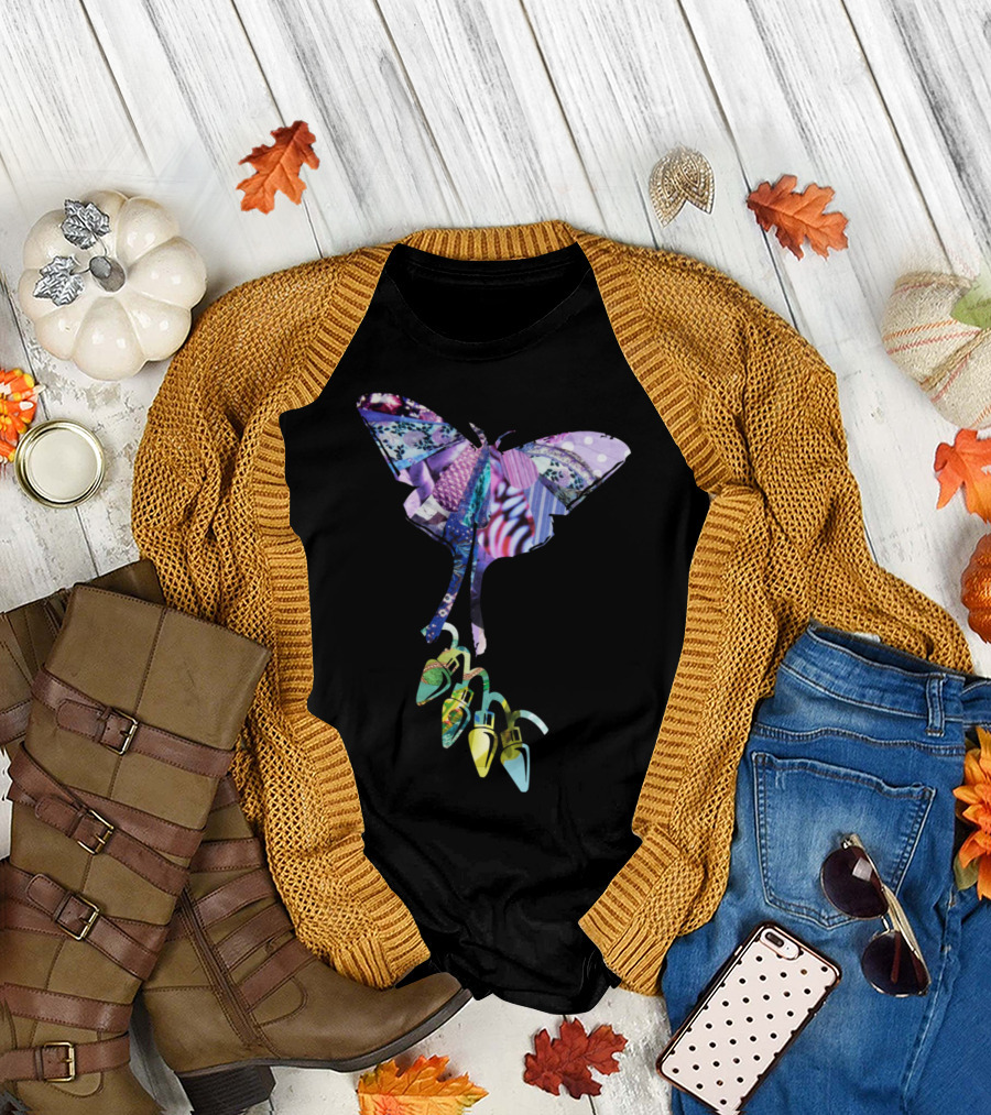 Artts Collage Christmas Butterfly Purplz with Colorful Patterns and Lights T-Shirt