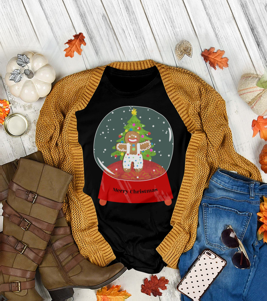 Merry Christmas Gingerbread Snow Globe with Festive Tree T-Shirt