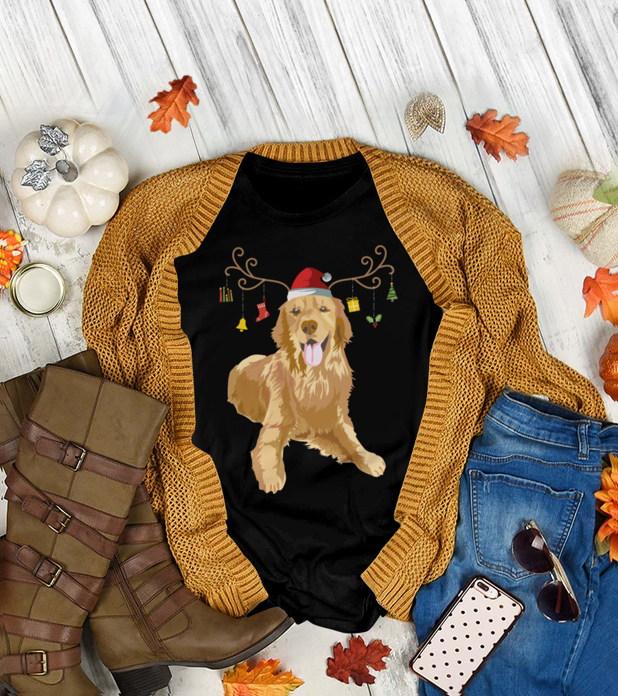 Golden Retriever Antler Reindeer Santa Hat Christmas Dog T-Shirt