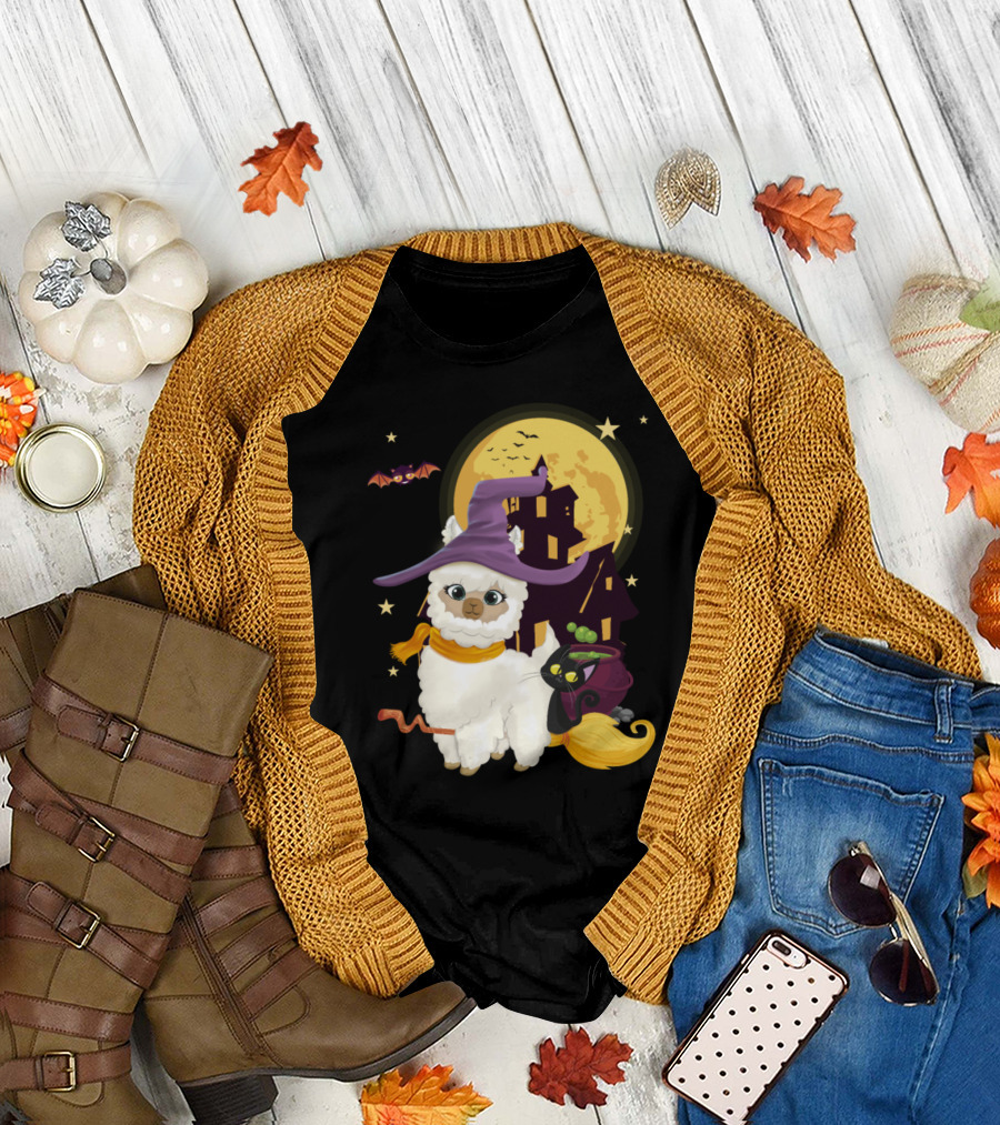 Cute Mama Llama Witch with Broom and Pumpkin by Haunted House and Full Moon T-Shirt