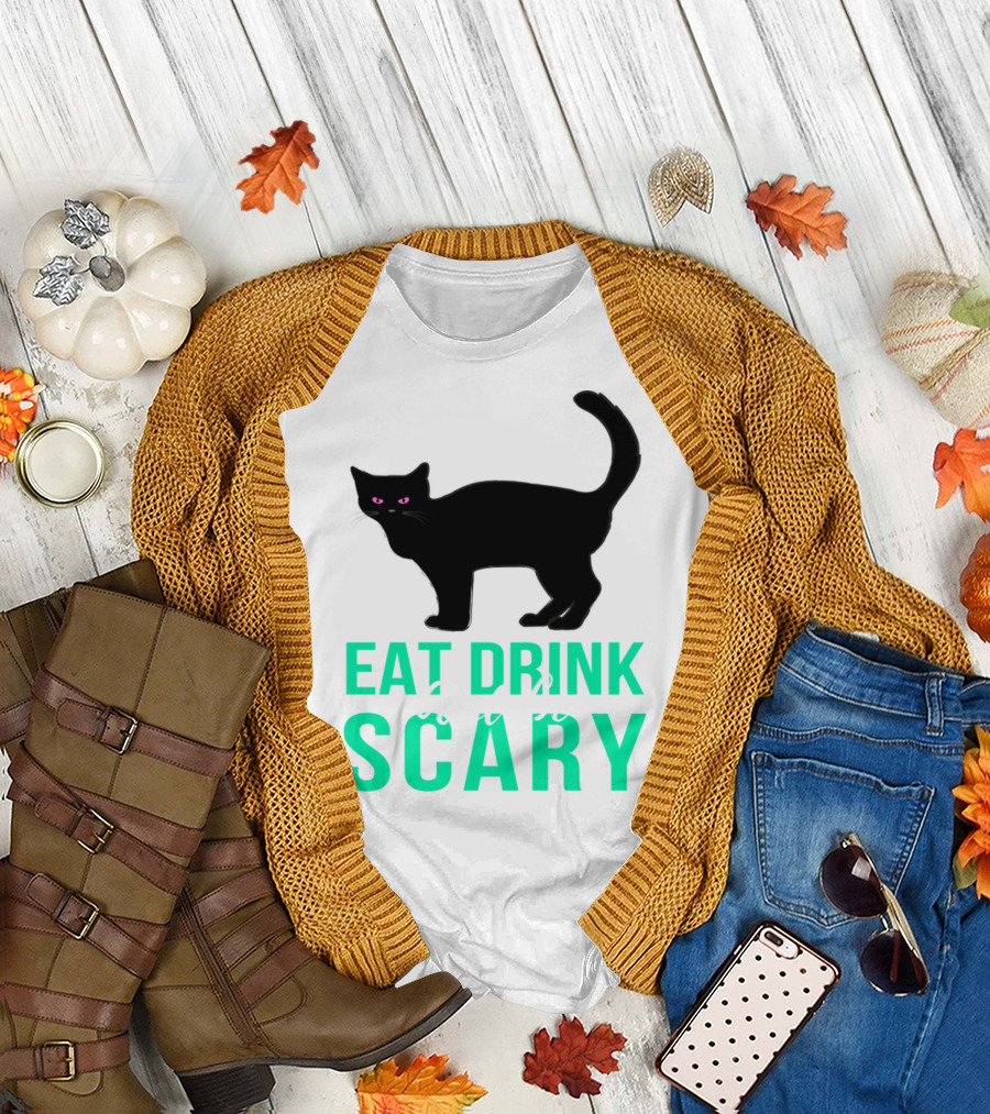 Eat Drink And Be Scary Black Cat Halloween T-Shirt