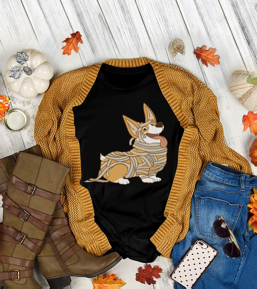 Funny Halloween Corgi Mummy Dog Costume T-Shirt