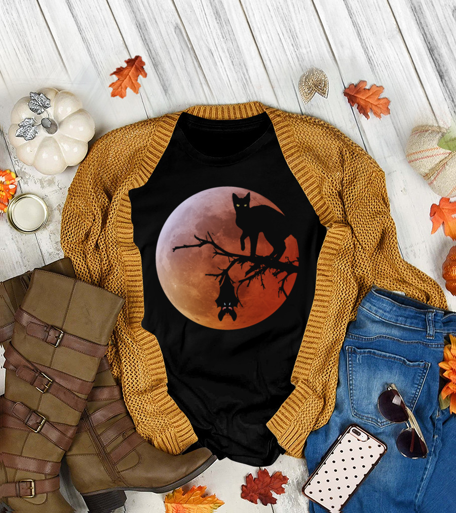 Halloween Full Moon Cat and Bat T-Shirt