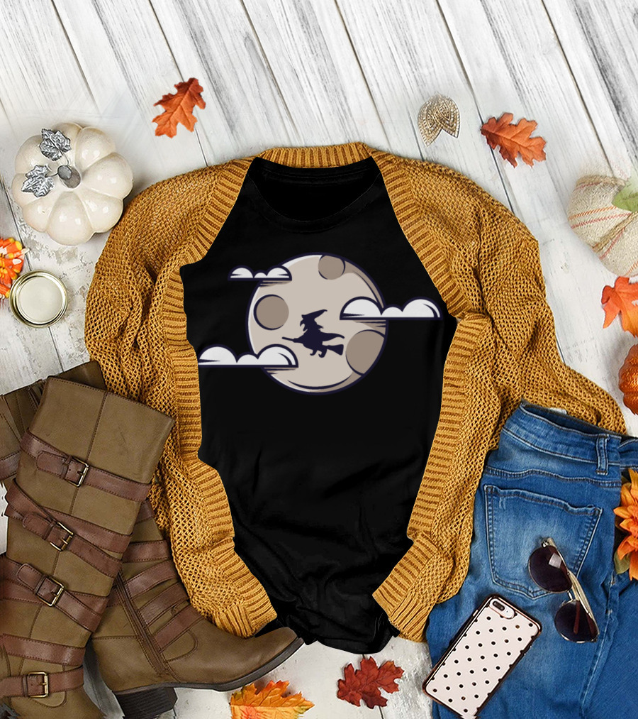 Halloween Moon Witch Silhouette Flying Across Full Moon with Clouds T-Shirt