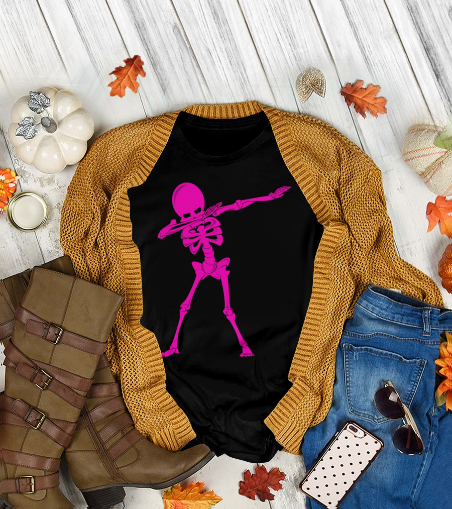 Pink Dabbing Skeleton Halloween Dancing Monster Iconic Pose T-Shirt