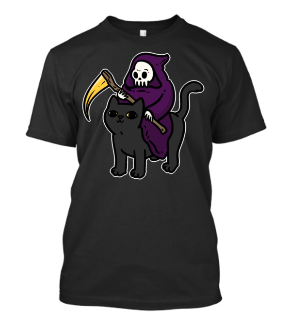 Black Cat And Grim Reaper Riding With Scythe T-Shirt