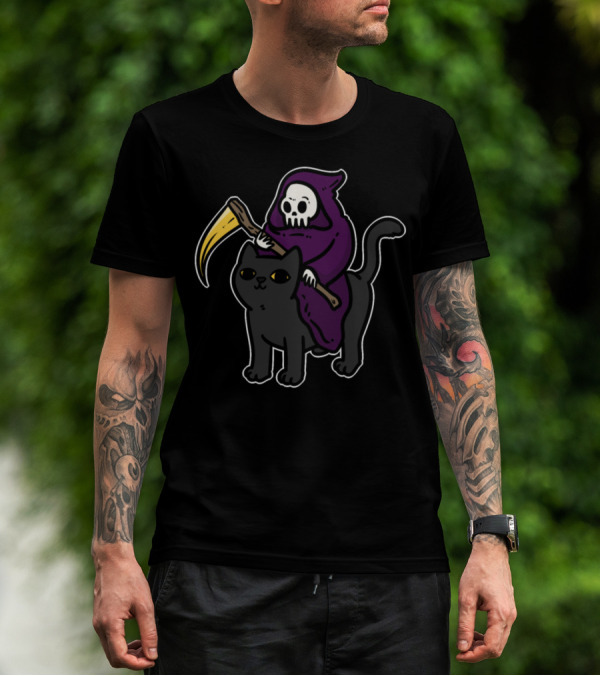 Black Cat And Grim Reaper Riding With Scythe T-Shirt