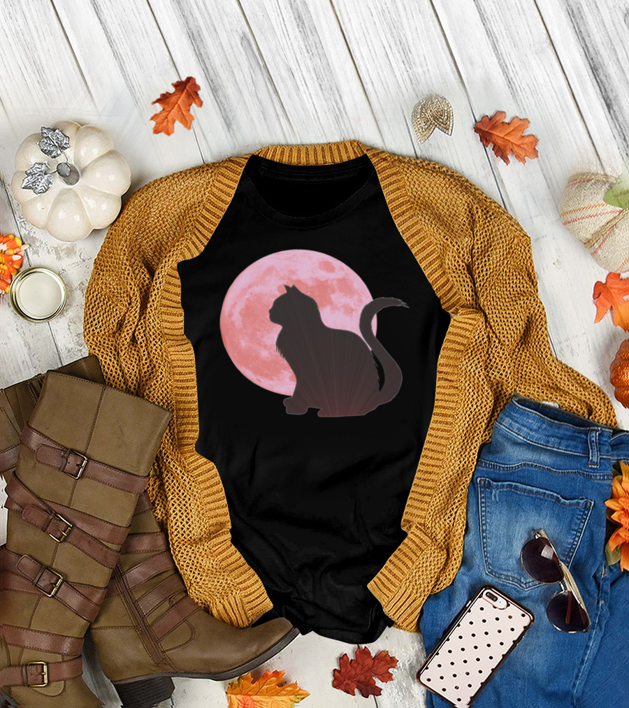 Cat Silhouette with Red Moon Goth Halloween Theme Animals T-Shirt