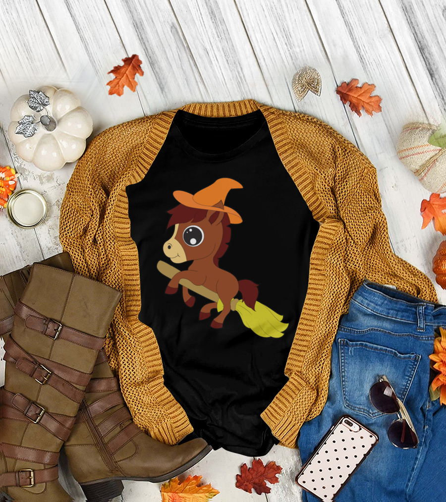 Cute Halloween Pony Horse in Witch Costume Riding Broomstick T-Shirt