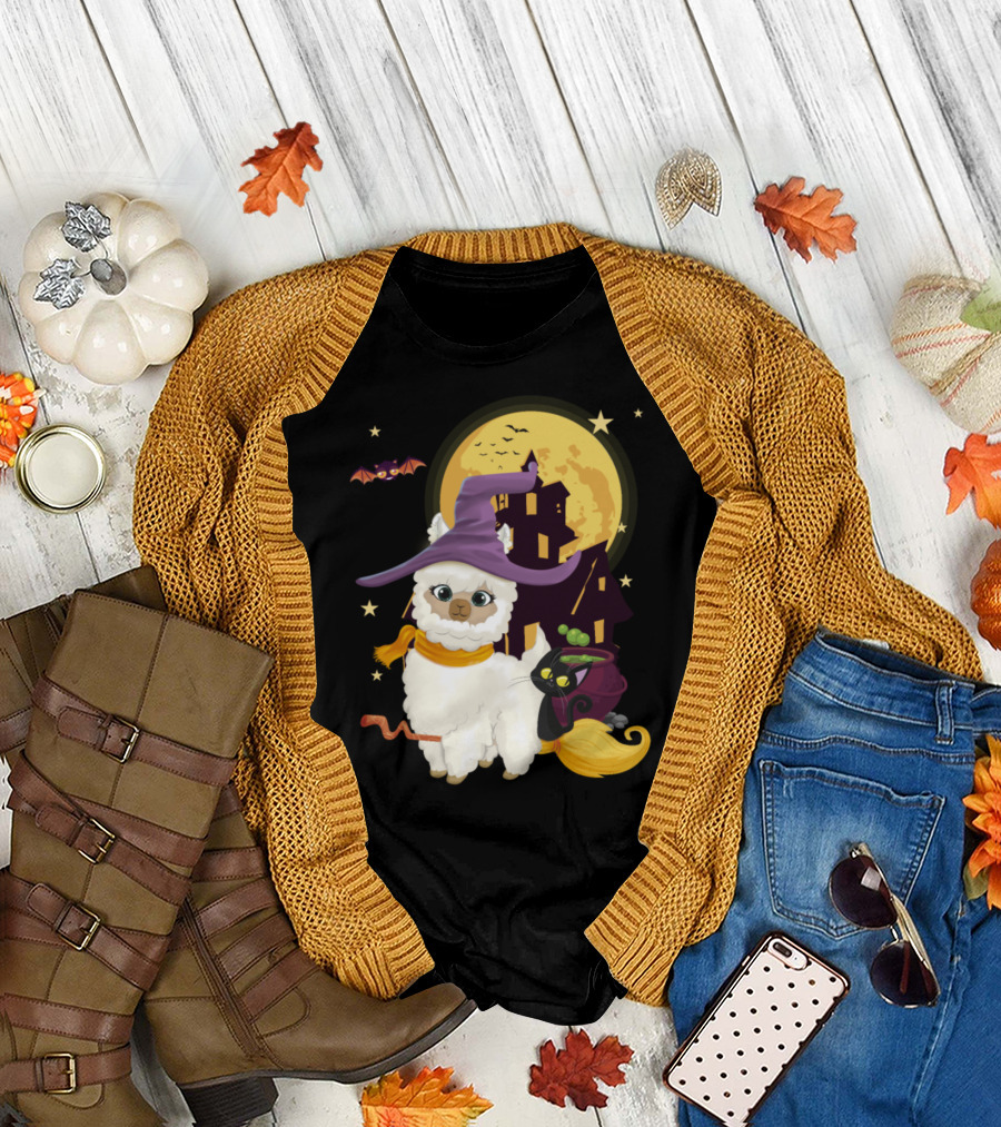 Mama Llama Witch Pumpkin Broom with Cat and Bat Halloween Scene T-Shirt