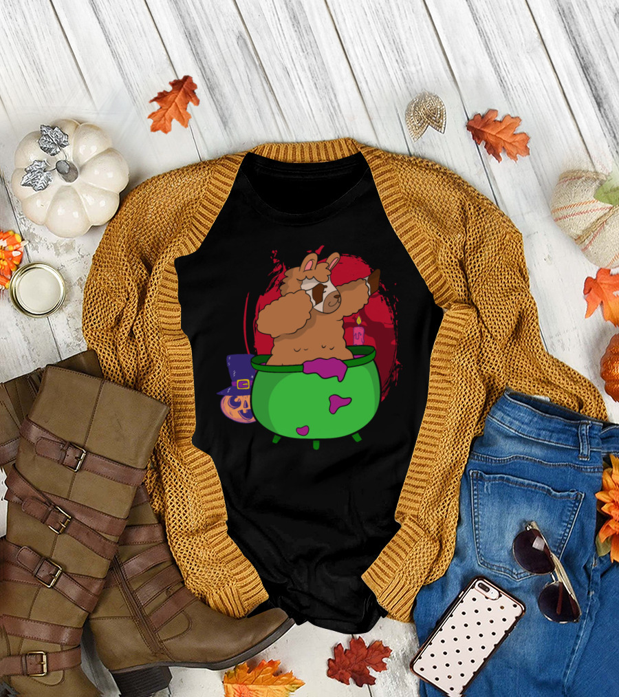 Dabbing Halloween Alpaca Llama in Cauldron with Witch Hat and Candle T-Shirt