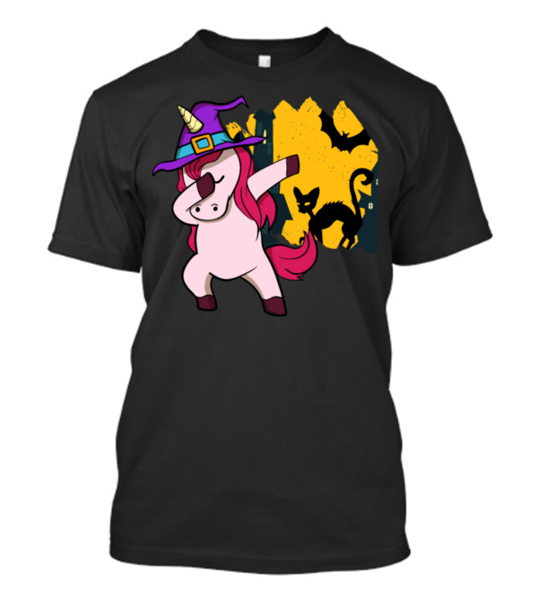 Halloween Dabbing Unicorn Witch With Bat And Cat T-Shirt
