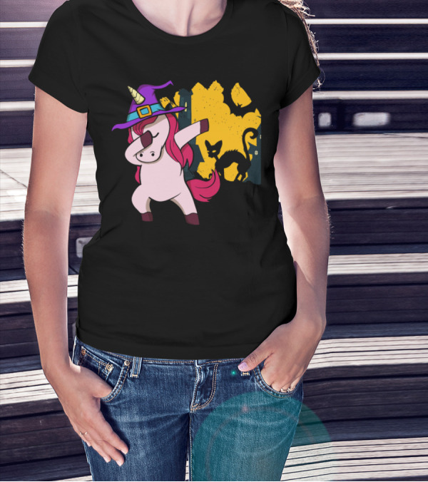 Halloween Dabbing Unicorn Witch With Bat And Cat T-Shirt