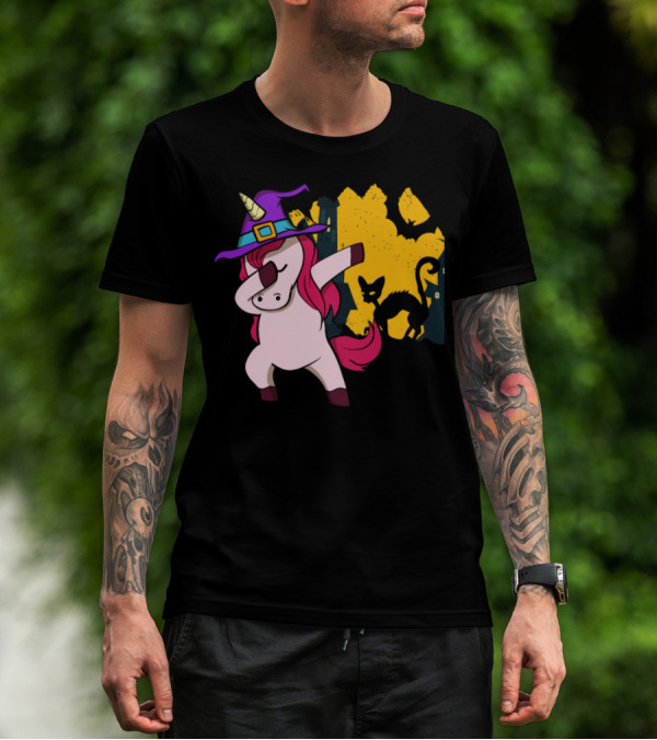 Halloween Dabbing Unicorn Witch With Bat And Cat T-Shirt