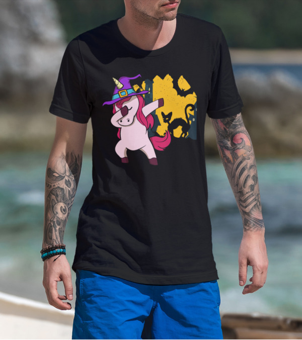 Halloween Dabbing Unicorn Witch With Bat And Cat T-Shirt