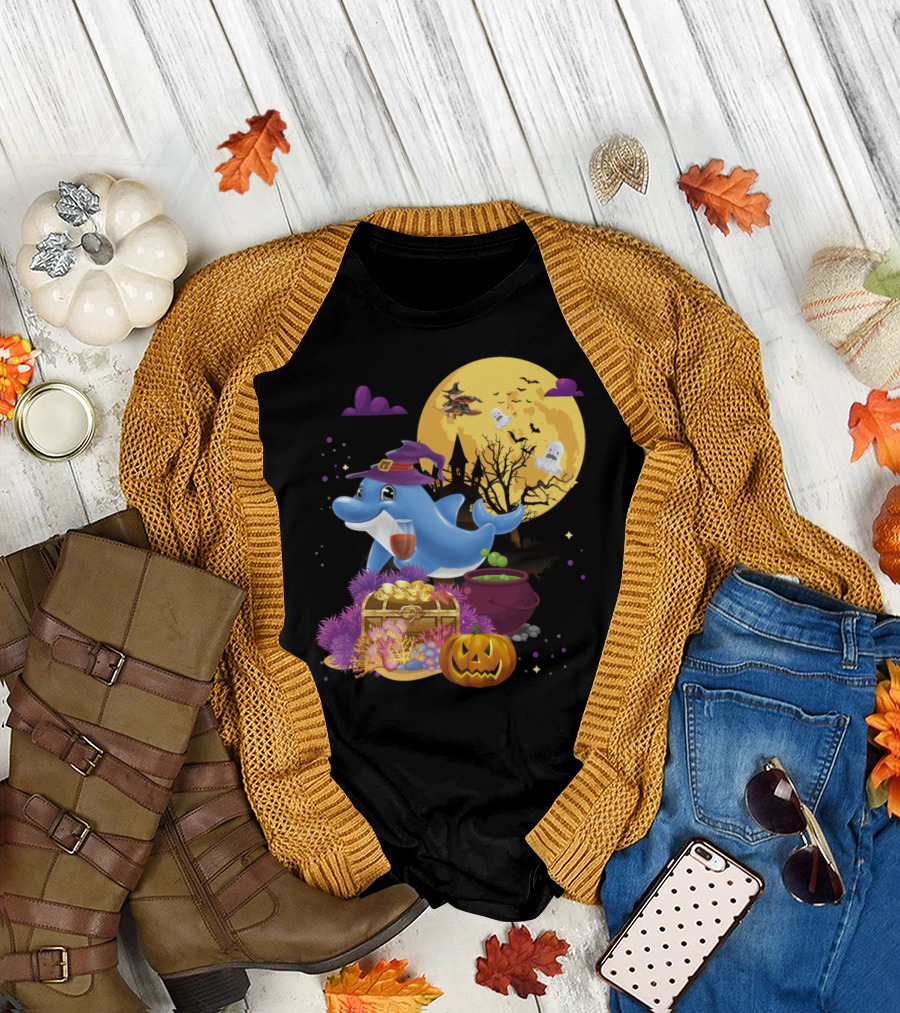 Dolphin with Witch Hat Broomstick and Pumpkin Halloween Scene T-Shirt