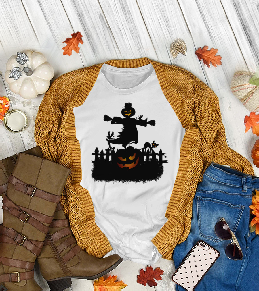 Halloween Pumpkin Scarecrow with Cat and Crows T-Shirt