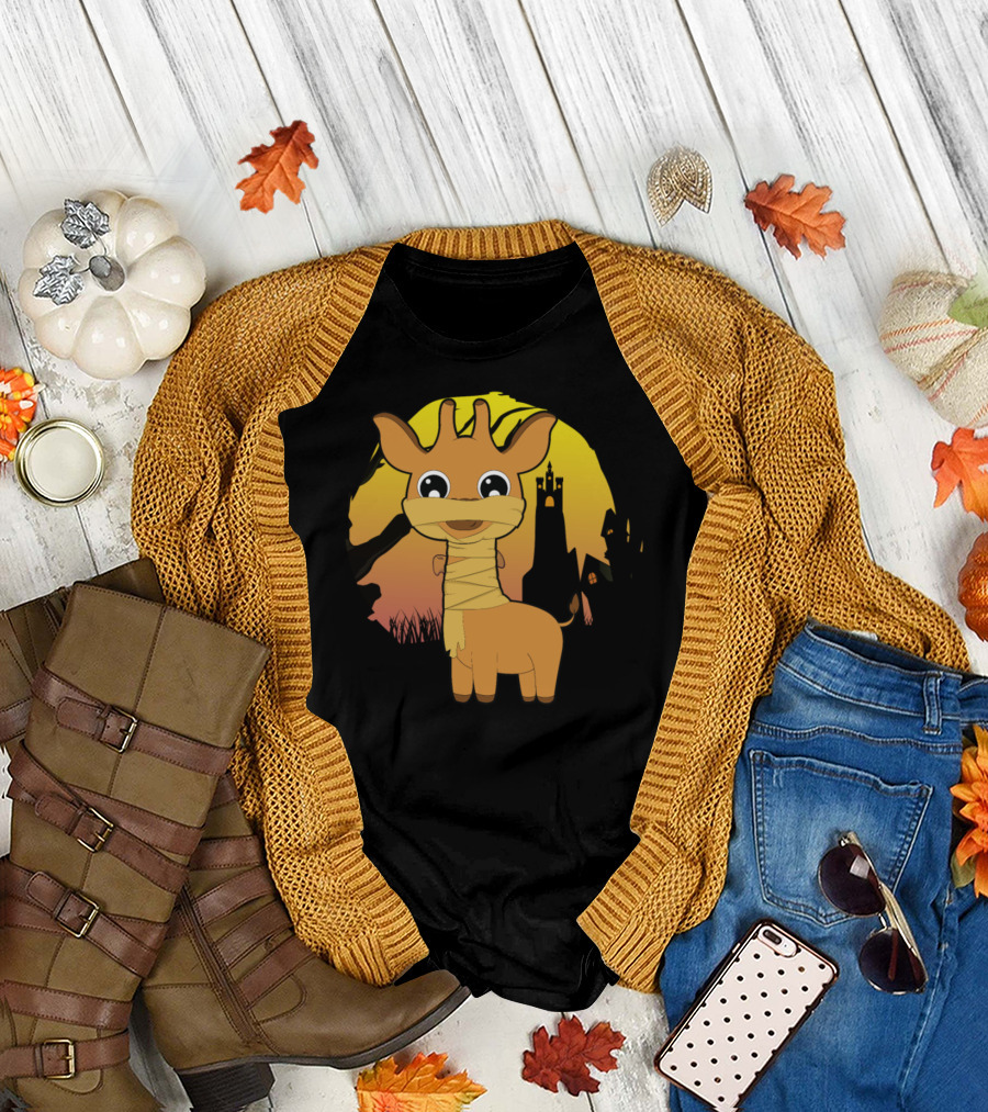 Halloween Animals Cute Mummy Giraffe Sunset Haunted House T-Shirt