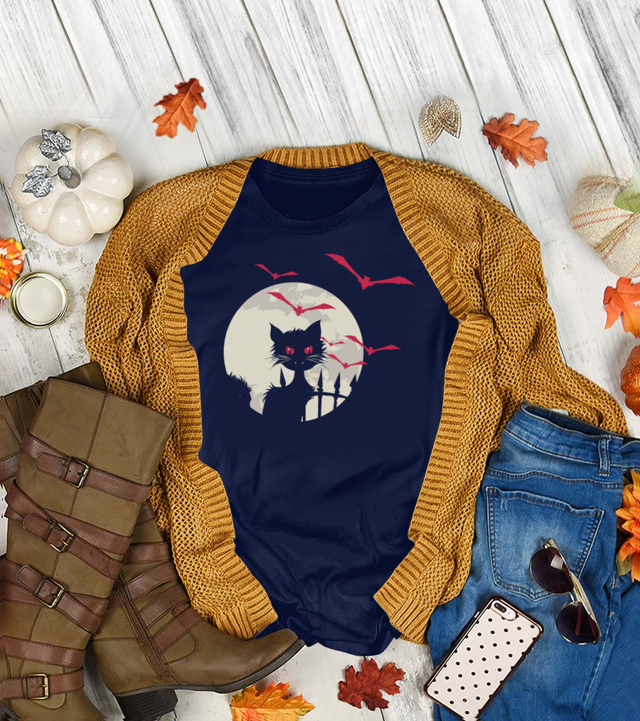 Halloween Cat Moon Bats T-Shirt