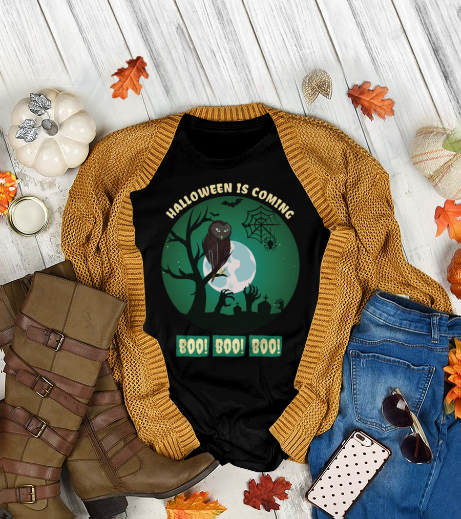 Halloween Is Coming Owl Boo Boo Boo Moon Spider Graveyard T-Shirt