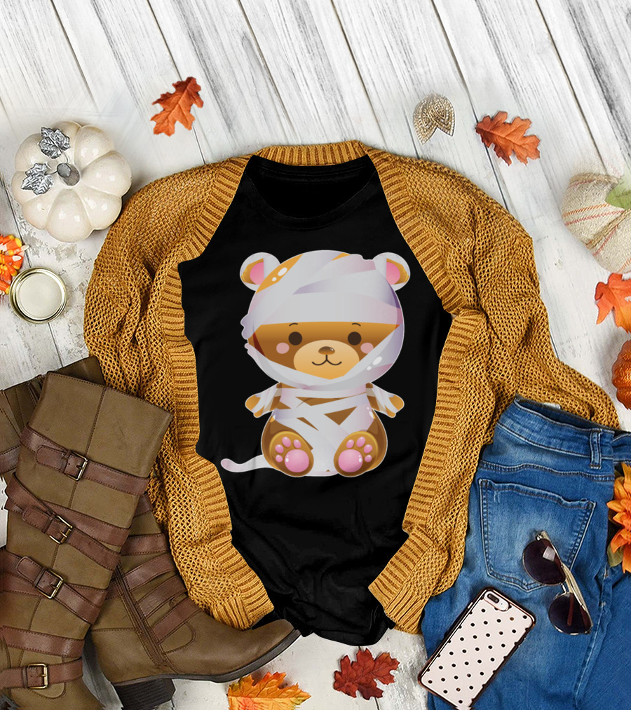 Mummy Bear Wrapped in Bandages with Cute Brown Teddy Face and Pink Paws T-Shirt