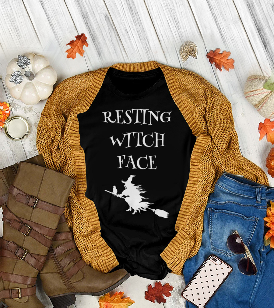Resting Witch Face Broomstick Silhouette with Cat T-Shirt