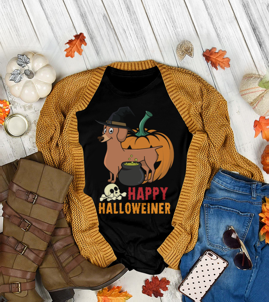 Happy Halloweiner Cute Weiner Dog in Witch Hat with Pumpkin and Cauldron T-Shirt