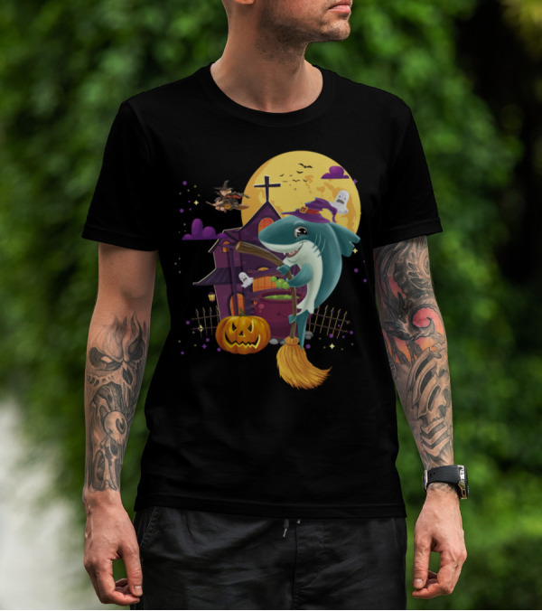 Witch Mama Shark Broom Pumpkin Haunted House Ghosts Halloween Moon T-Shirt